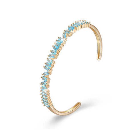 Assymetrical Emerald Cut Swarovski Bangle in 14K Gold - Blue