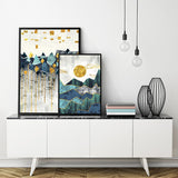 Nordic Abstract Geometric Mountain Landscape Wall Art Canvas Painting Golden Sun Art Poster Print Wall Picture for Living Room