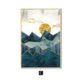 Nordic Abstract Geometric Mountain Landscape Wall Art Canvas Painting Golden Sun Art Poster Print Wall Picture for Living Room